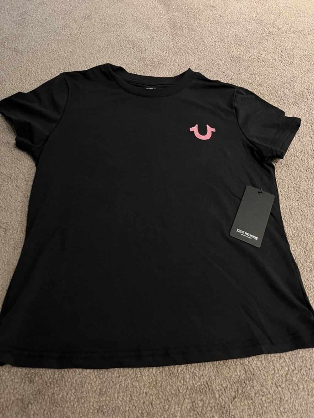 True Religion Black Short Sleeve Tee with pink glitter logo and rhinestones